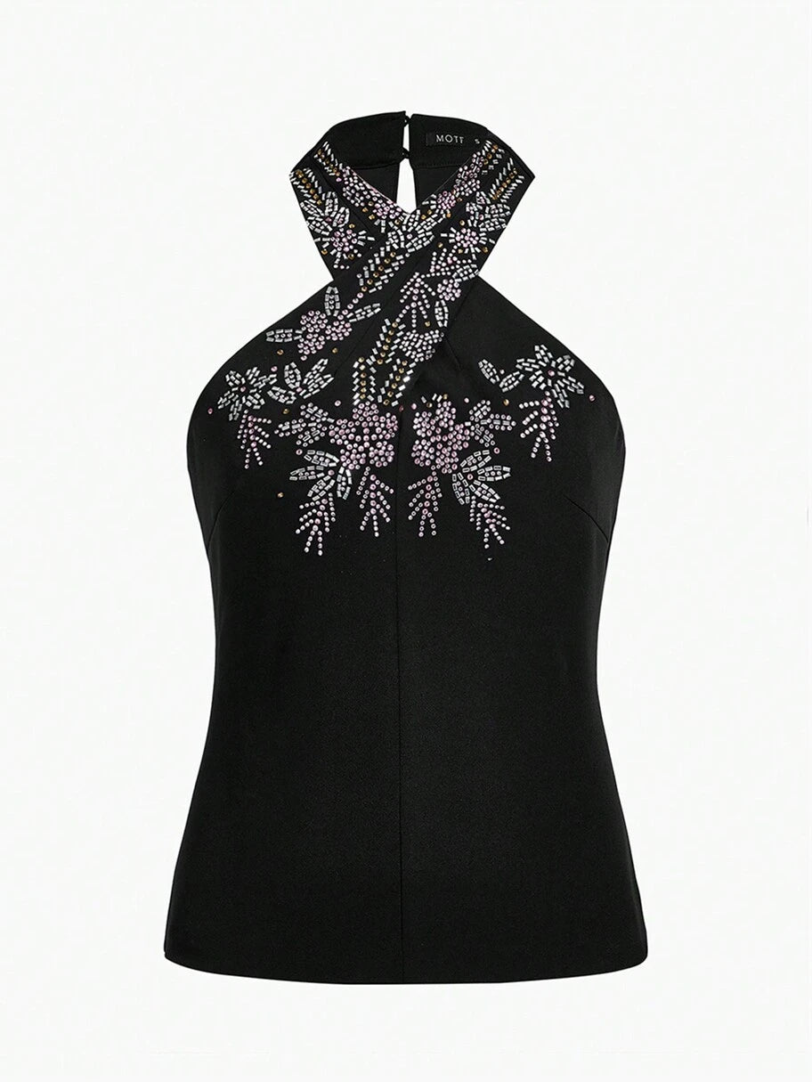 THE PEARL RHINESTONE HALTER BLOUSE