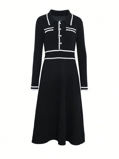 DAZY Colorblock Button Half-Placket Knit Sweater Dress