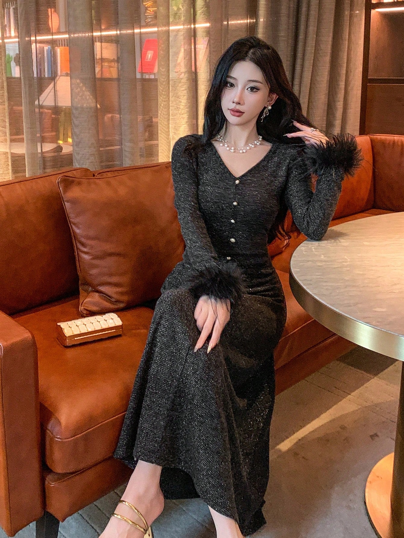 DAZY Sequins & Fluffy Patchwork Midi Dress