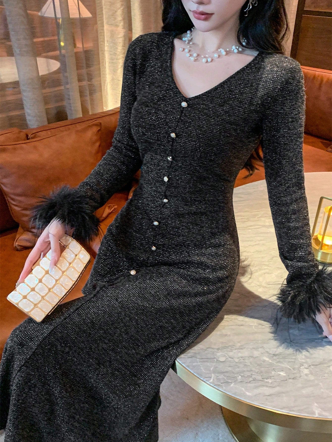 DAZY Sequins & Fluffy Patchwork Midi Dress