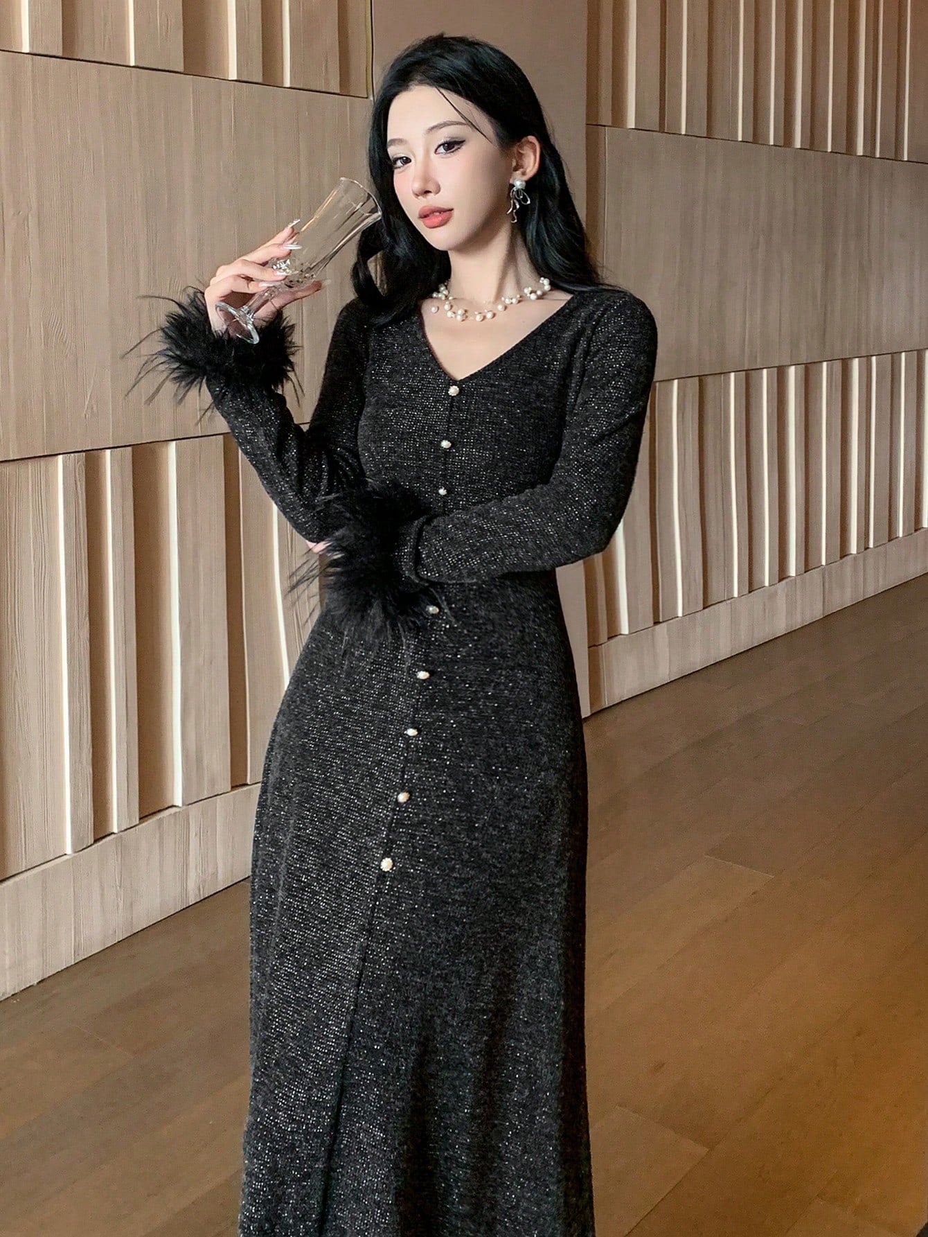 DAZY Sequins & Fluffy Patchwork Midi Dress