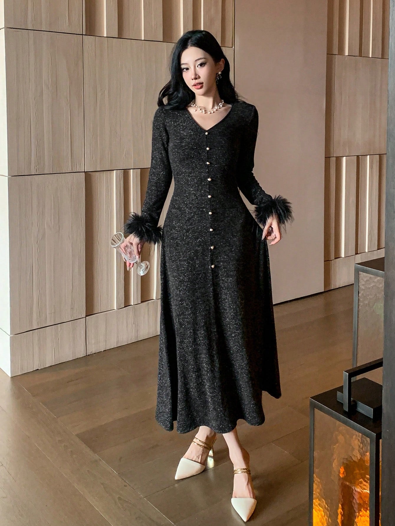 DAZY Sequins & Fluffy Patchwork Midi Dress