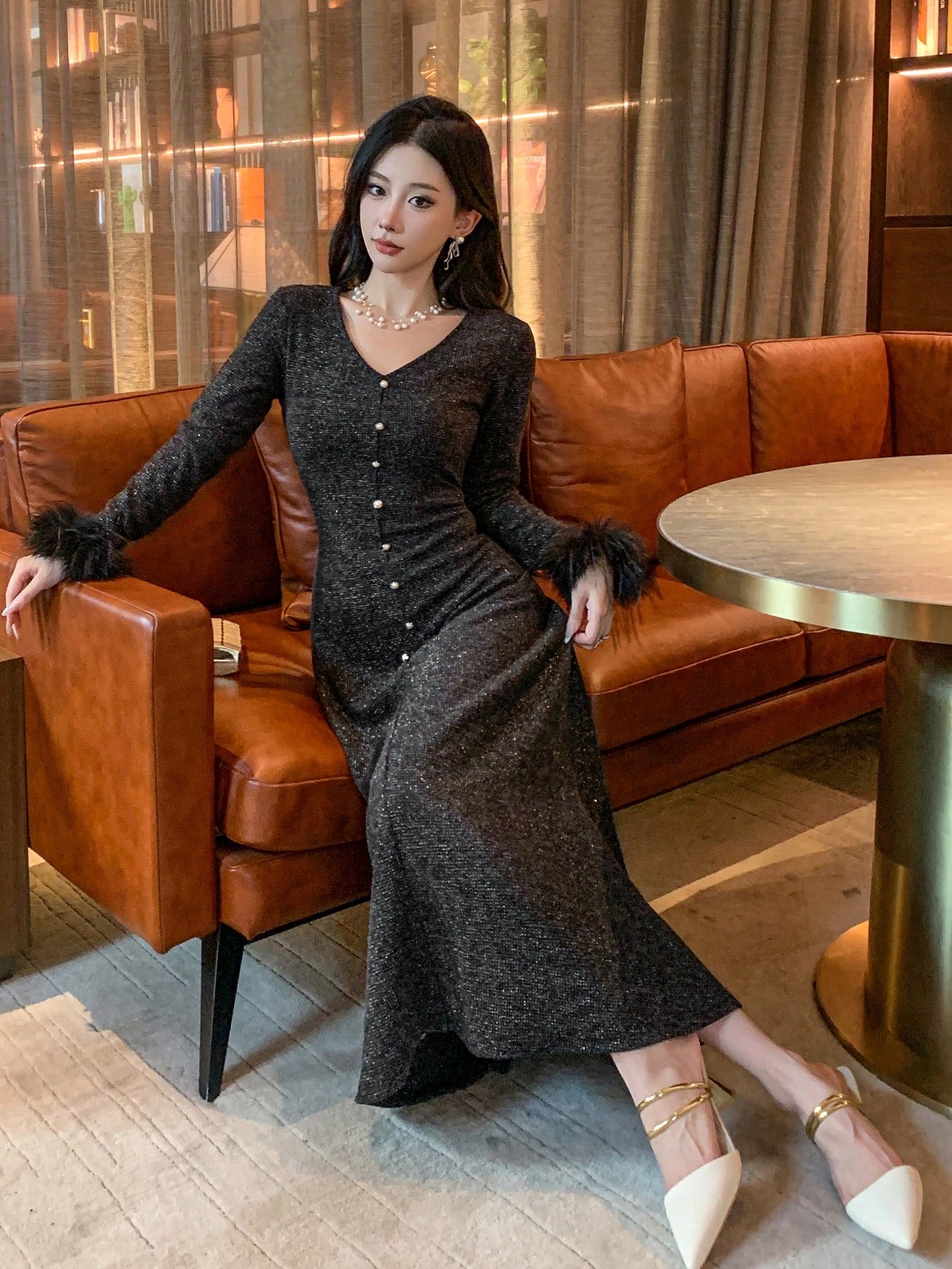 DAZY Sequins & Fluffy Patchwork Midi Dress