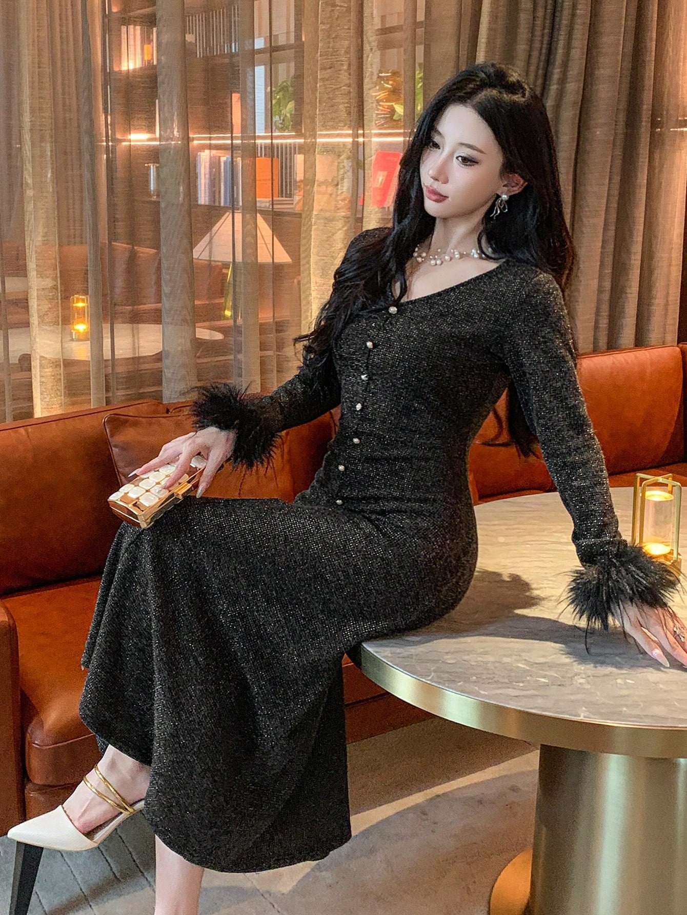 DAZY Sequins & Fluffy Patchwork Midi Dress