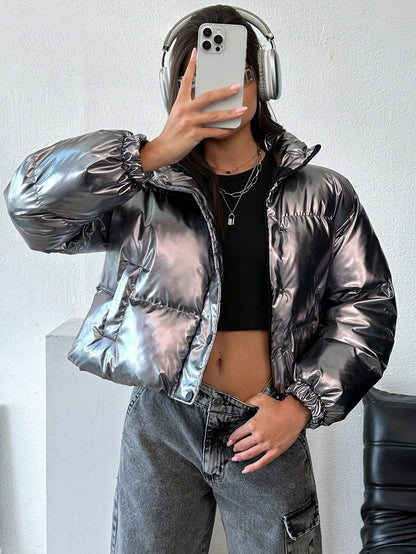 EURMUSE Hooded Metallic Zip-Up Puffer Coat