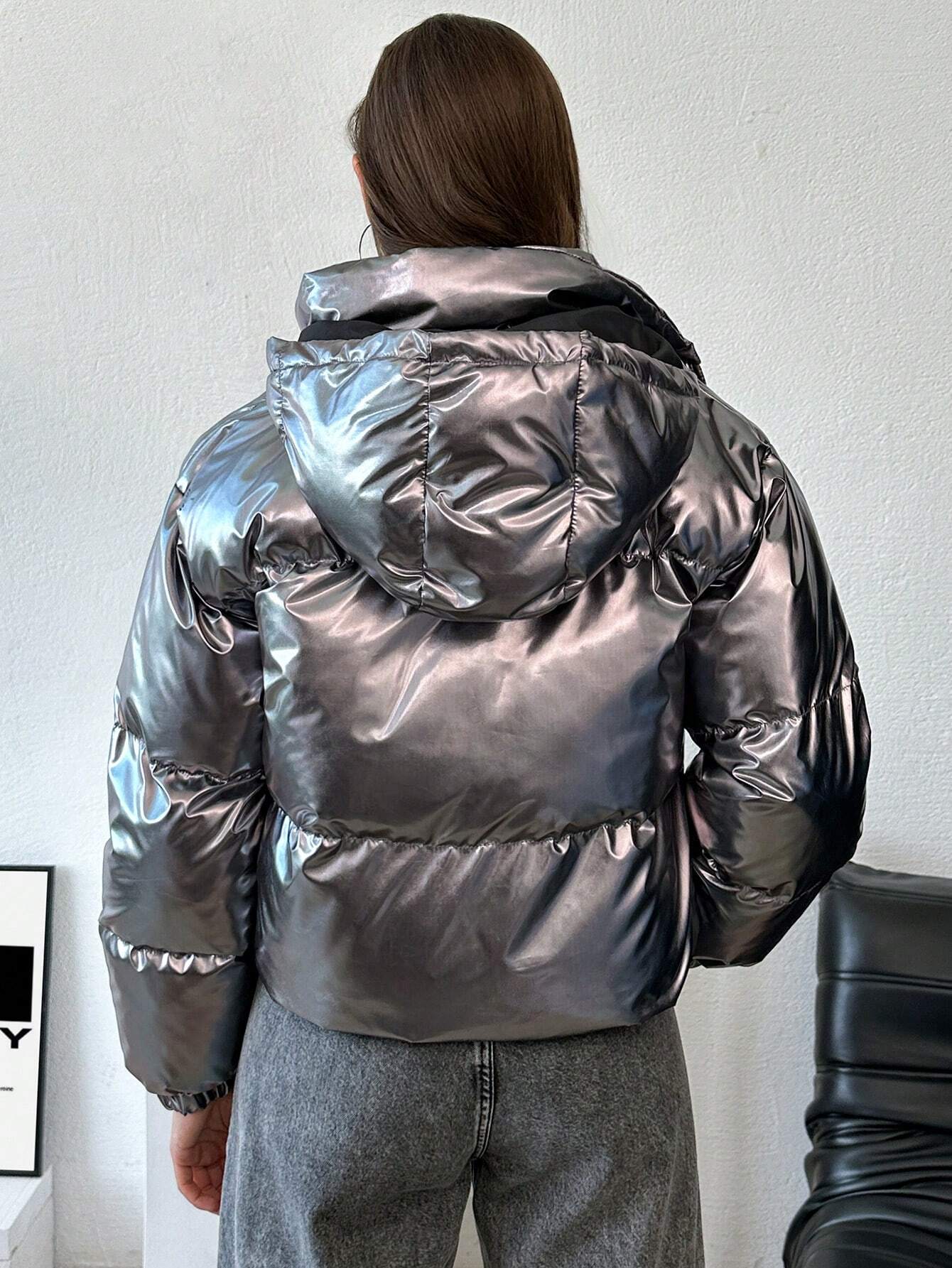 EURMUSE Hooded Metallic Zip-Up Puffer Coat