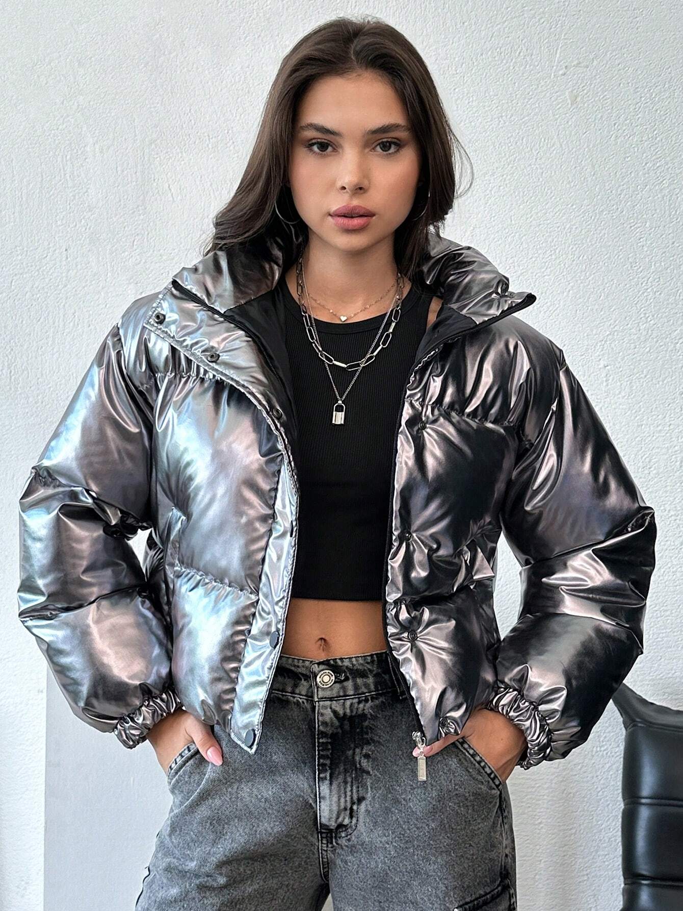 EURMUSE Hooded Metallic Zip-Up Puffer Coat