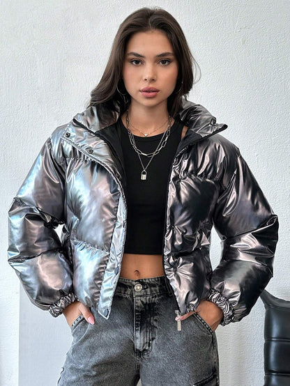 EURMUSE Hooded Metallic Zip-Up Puffer Coat