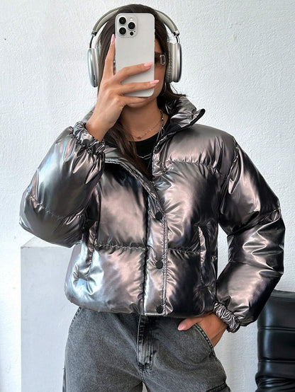 EURMUSE Hooded Metallic Zip-Up Puffer Coat
