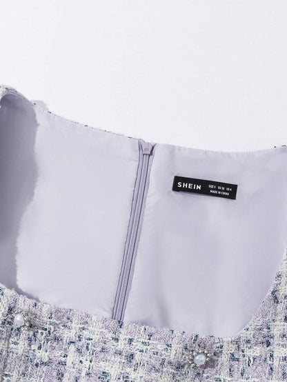 Enchnt Pearl Button Tweed Mini Dress