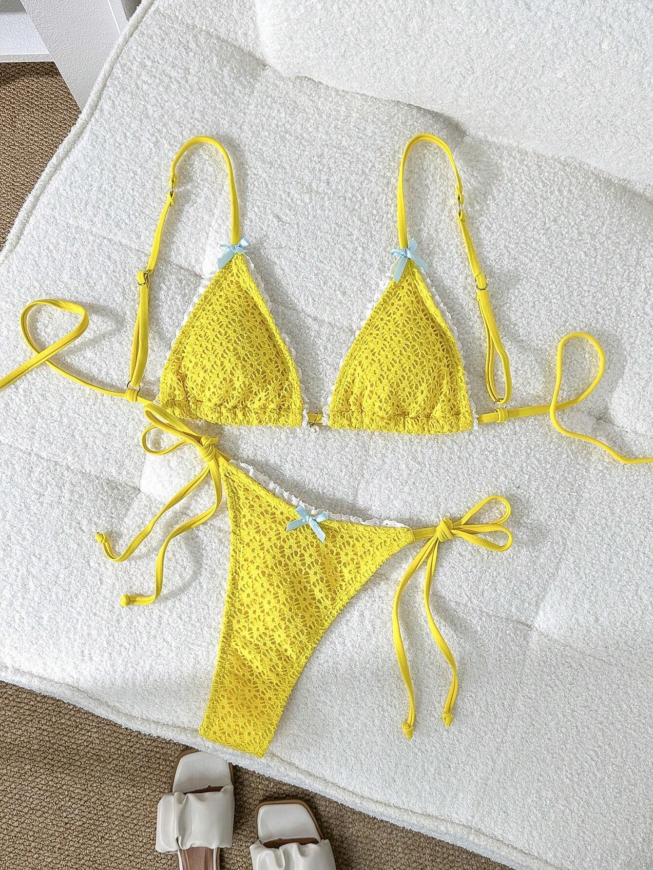 Shein Lace Trim Bow Bikini Set with Pearl Detail