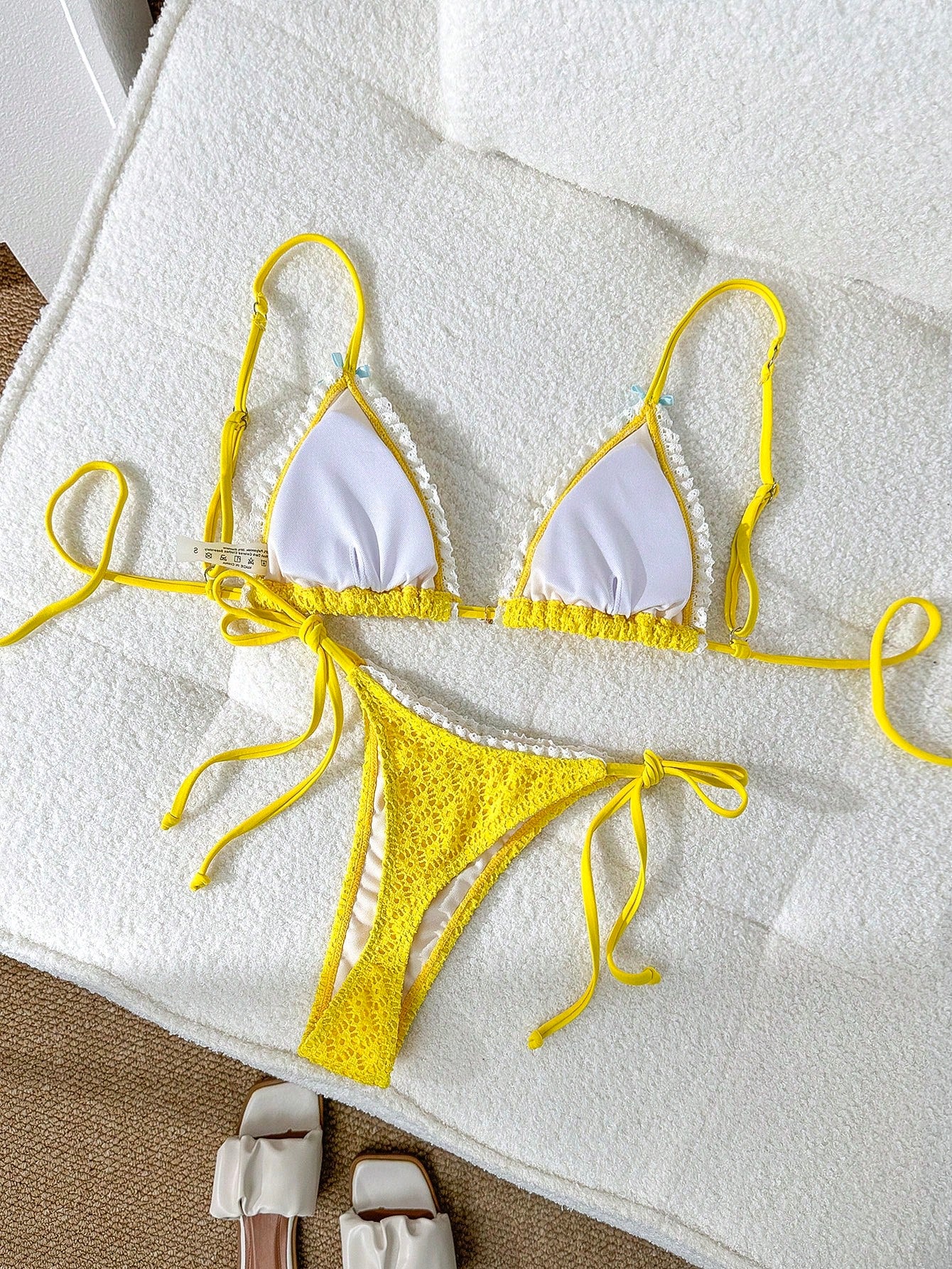 Shein Lace Trim Bow Bikini Set with Pearl Detail