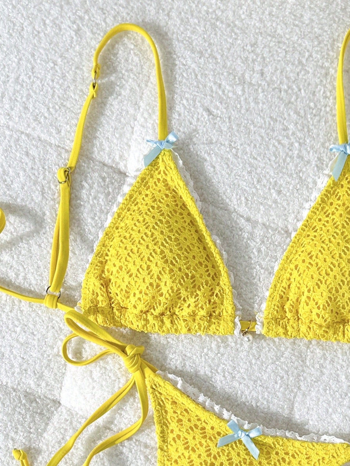 Shein Lace Trim Bow Bikini Set with Pearl Detail