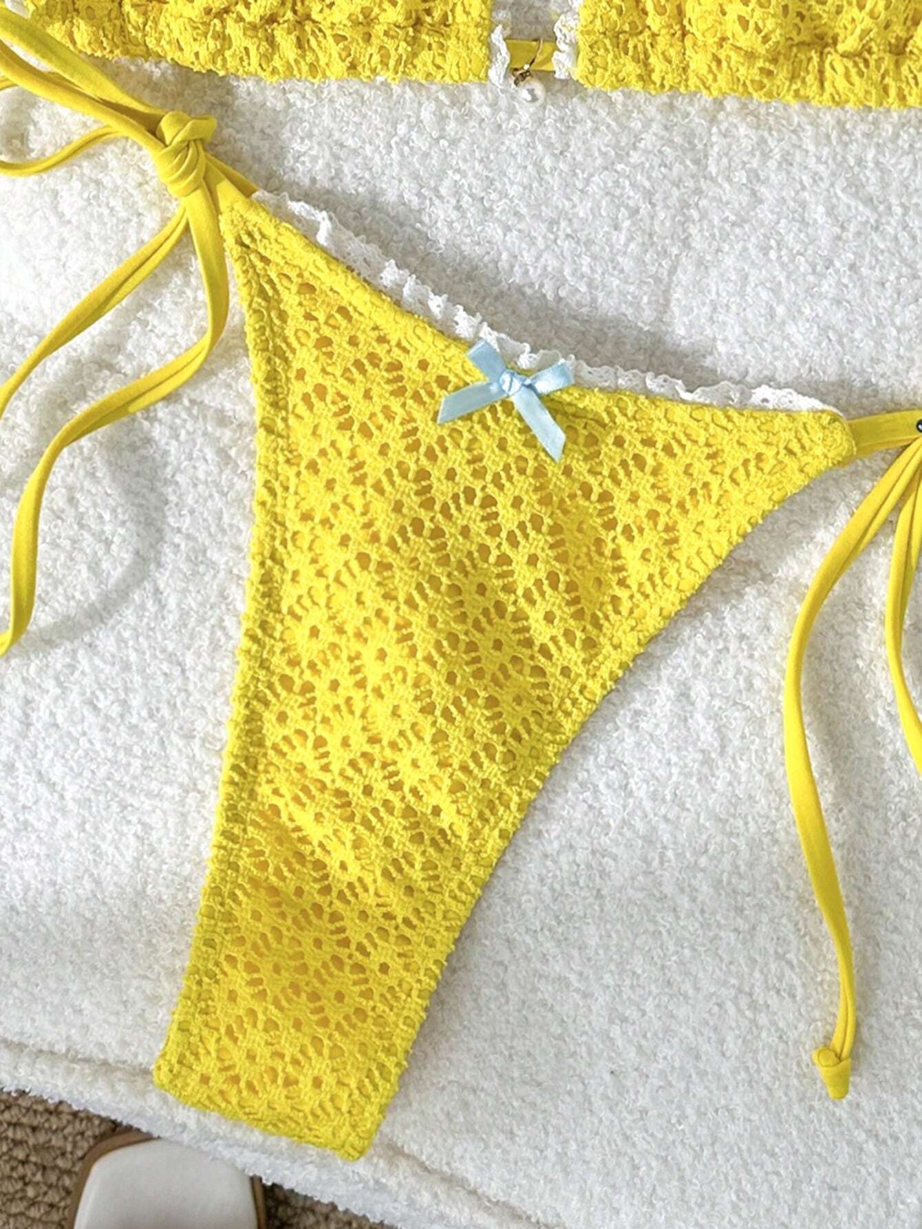Shein Lace Trim Bow Bikini Set with Pearl Detail