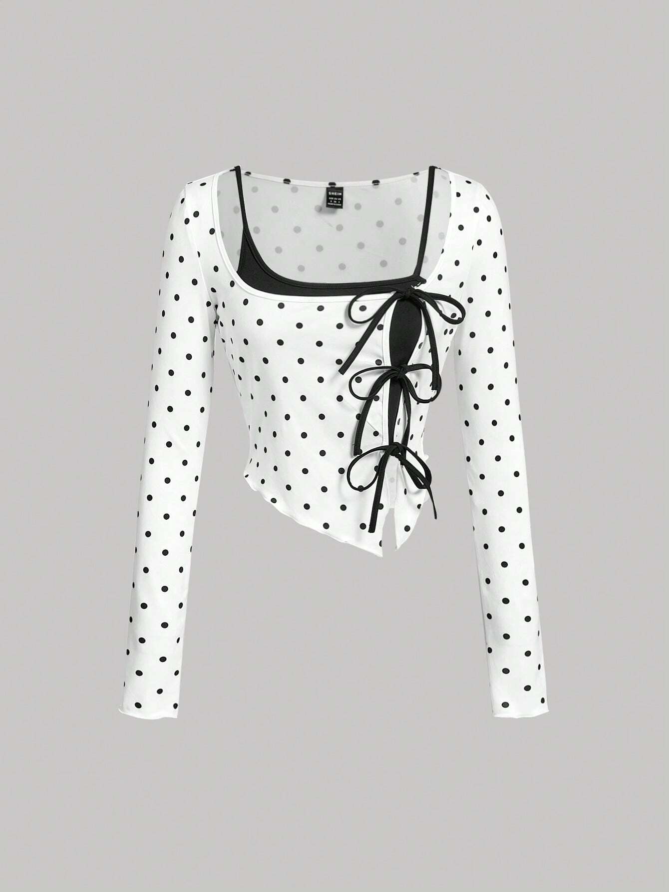 SHEIN MOD Polka Dot Mesh Panel Tie-Front Top