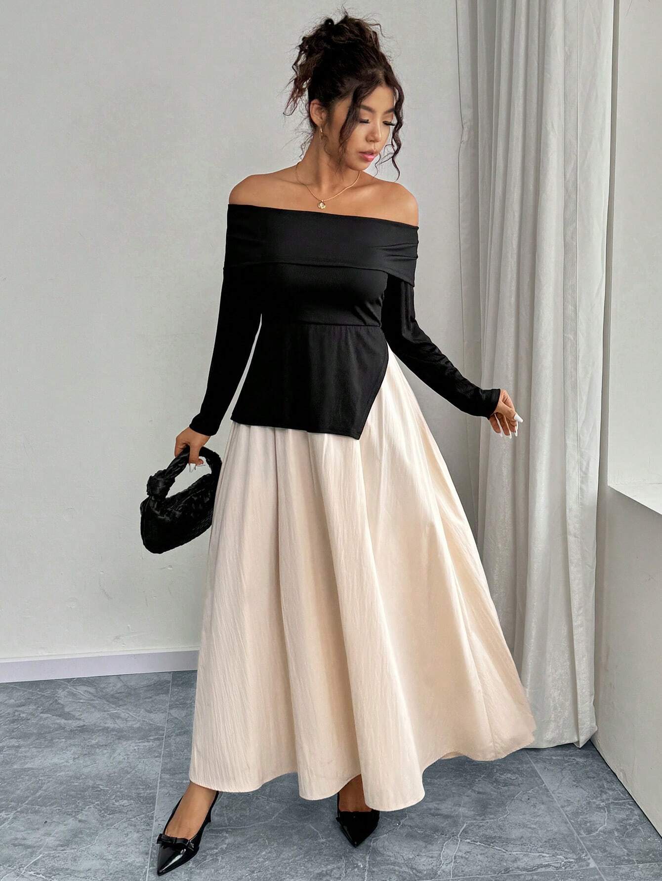 SHEIN Simple Off-Shoulder Colorblock Maxi Dress
