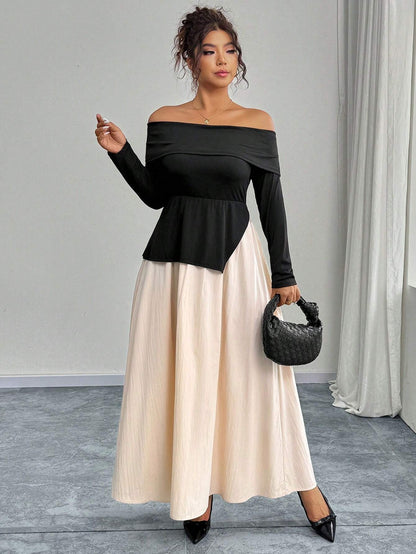 SHEIN Simple Off-Shoulder Colorblock Maxi Dress