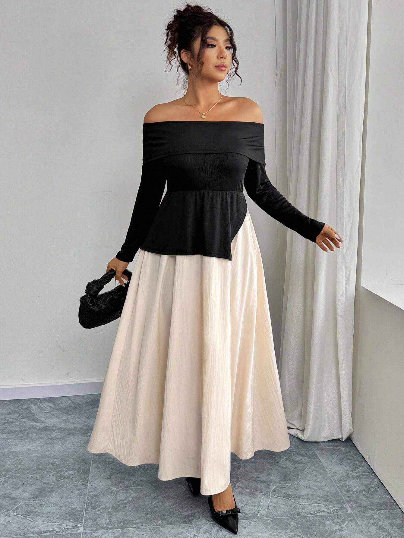 SHEIN Simple Off-Shoulder Colorblock Maxi Dress