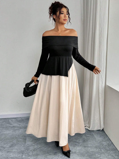 SHEIN Simple Off-Shoulder Colorblock Maxi Dress