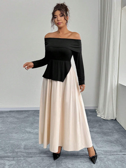 SHEIN Simple Off-Shoulder Colorblock Maxi Dress