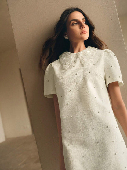 Anewsta The Pearl White Crystal-Collar Retro Mini Dress