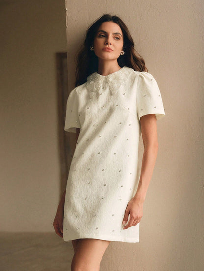 Anewsta The Pearl White Crystal-Collar Retro Mini Dress