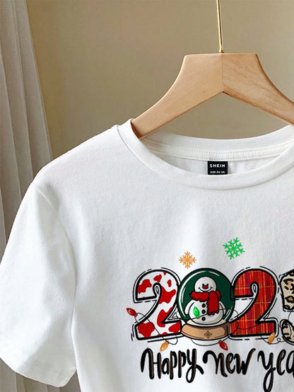 SHEIN EZwear 2025 Snowman Print Fitted Tee