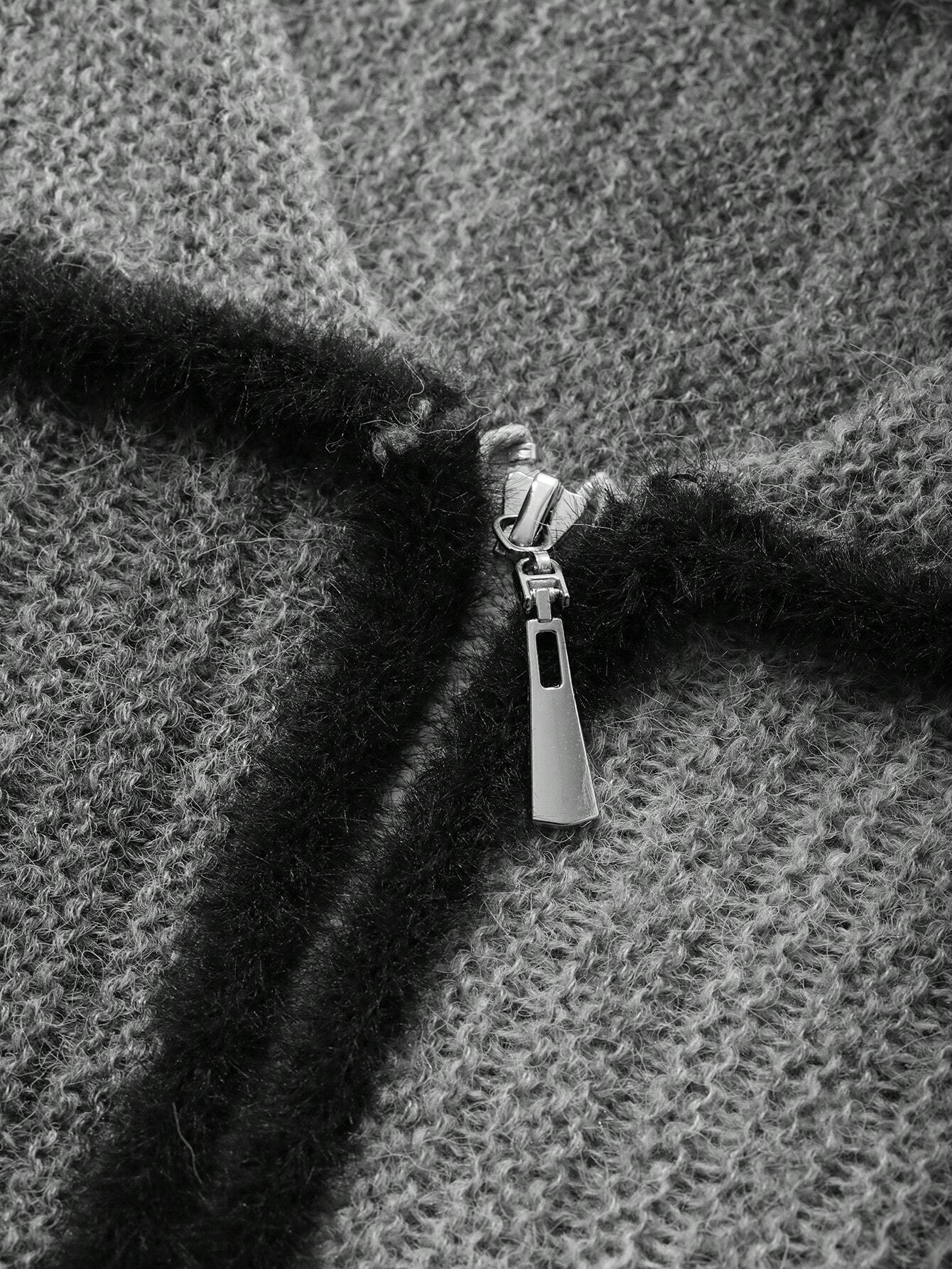 DAZY – Fluffy Color Block Zip-Up Cardigan