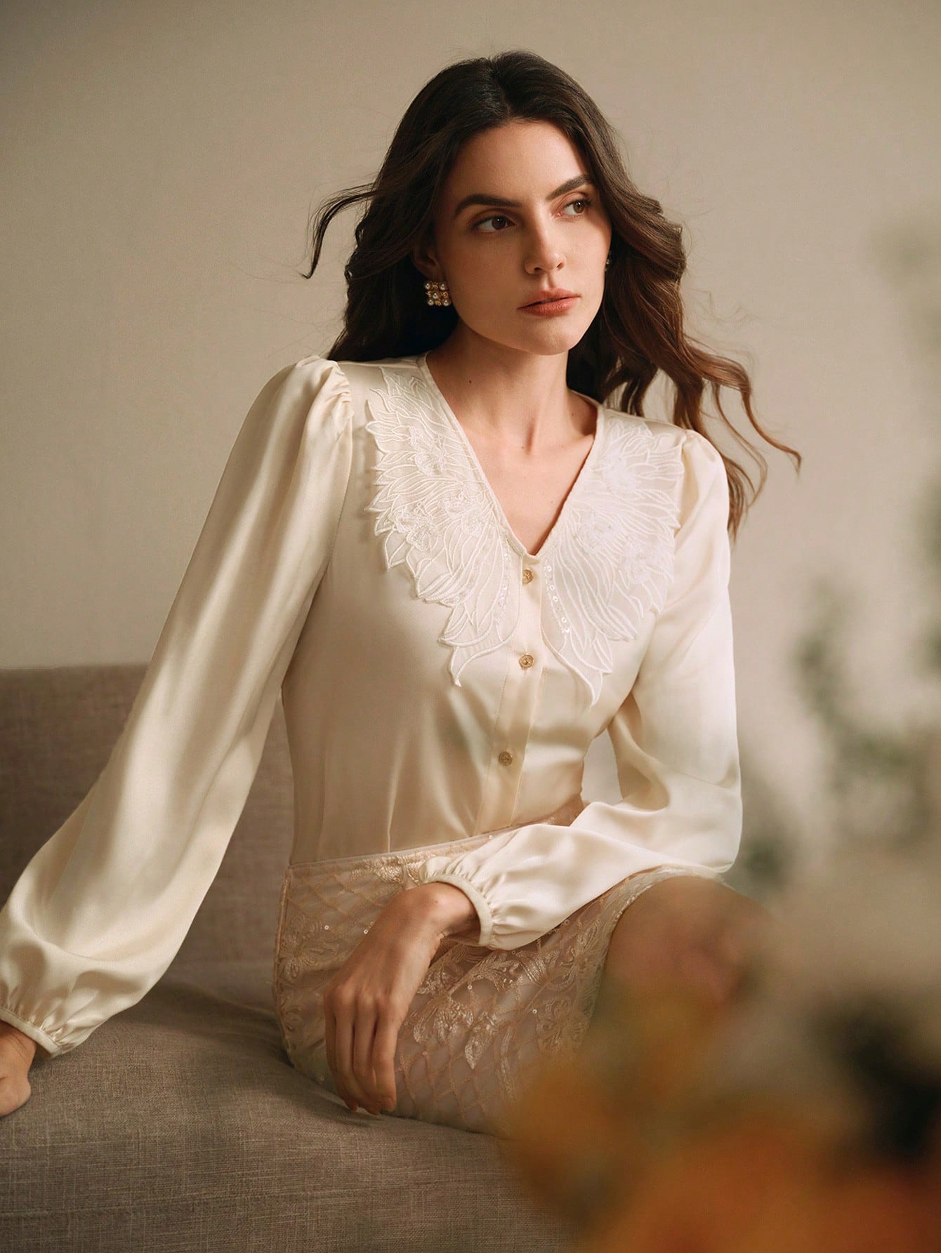 SHEIN Anewsta Embroidered V-Neck Blouse