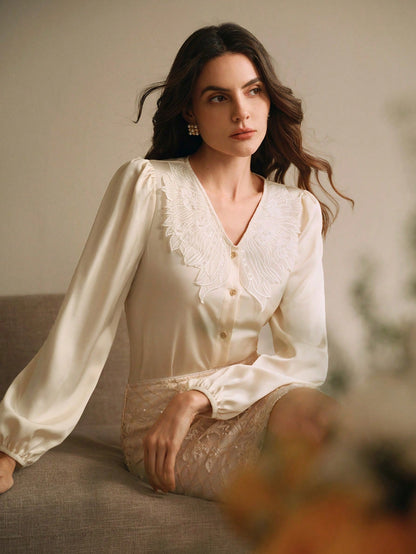 SHEIN Anewsta Embroidered V-Neck Blouse