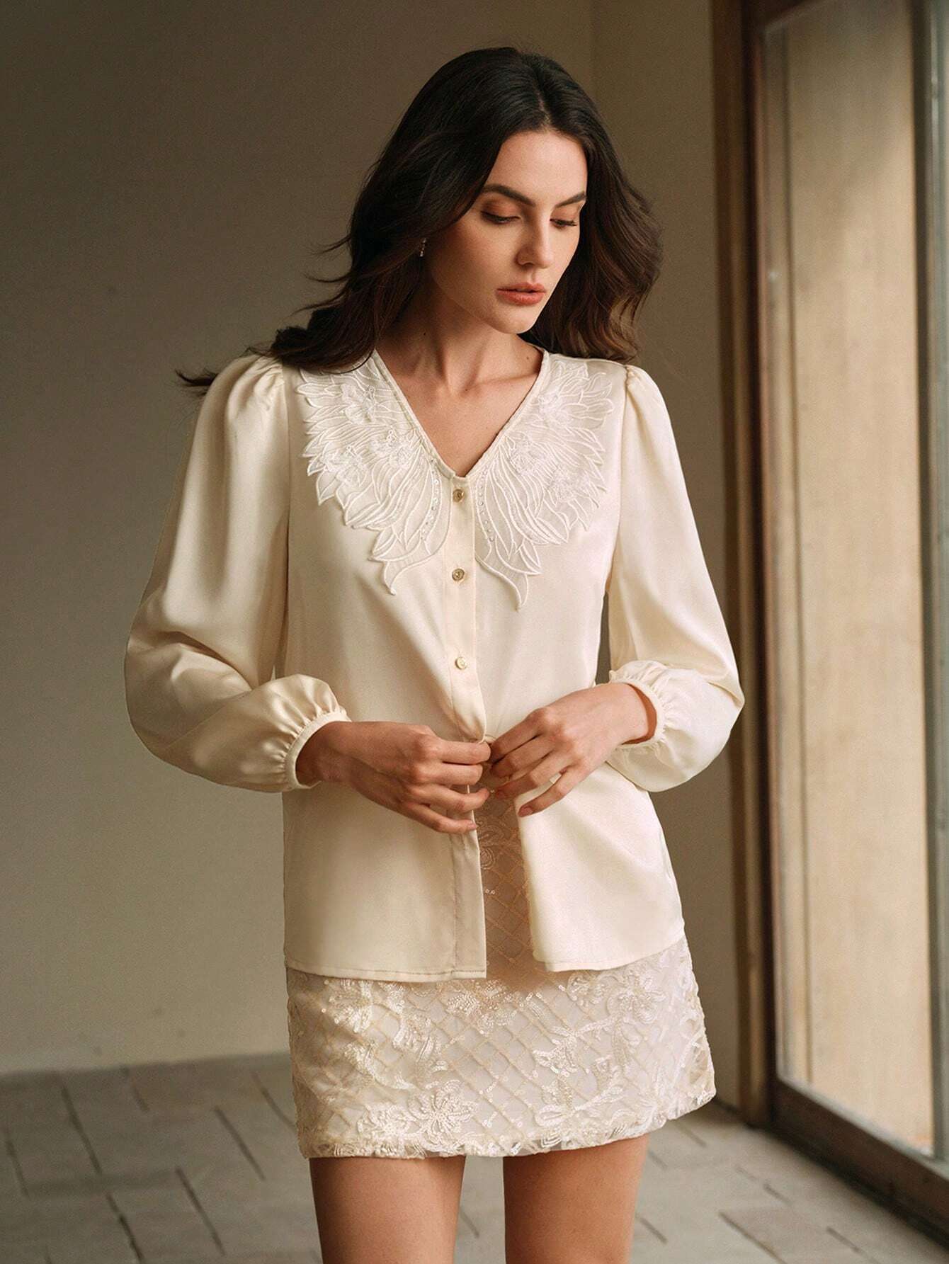 SHEIN Anewsta Embroidered V-Neck Blouse