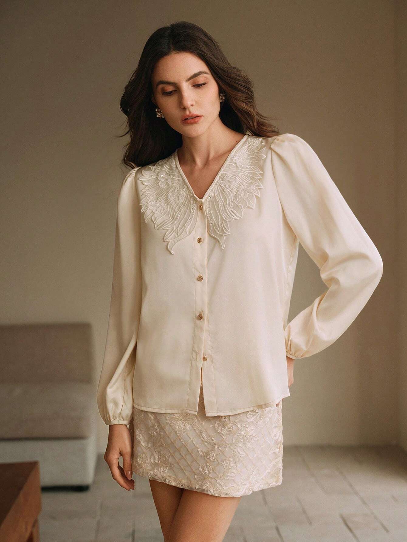 SHEIN Anewsta Embroidered V-Neck Blouse