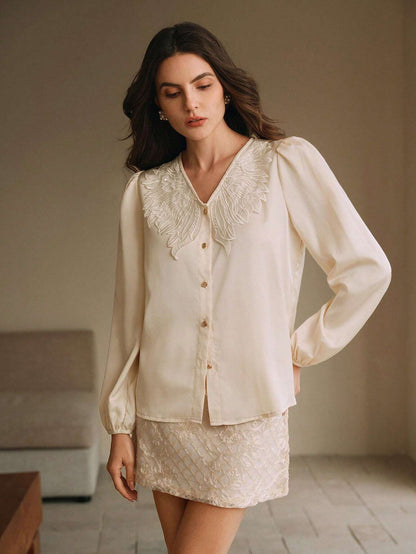 SHEIN Anewsta Embroidered V-Neck Blouse