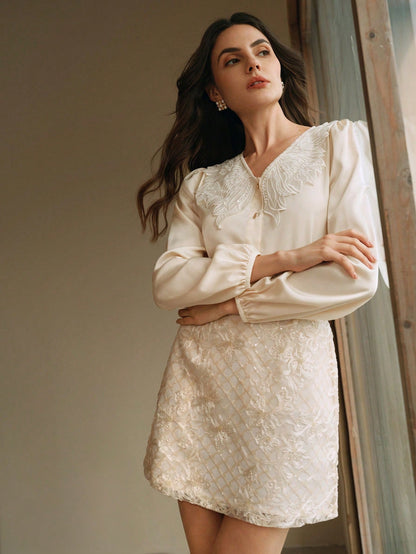 SHEIN Anewsta Embroidered V-Neck Blouse