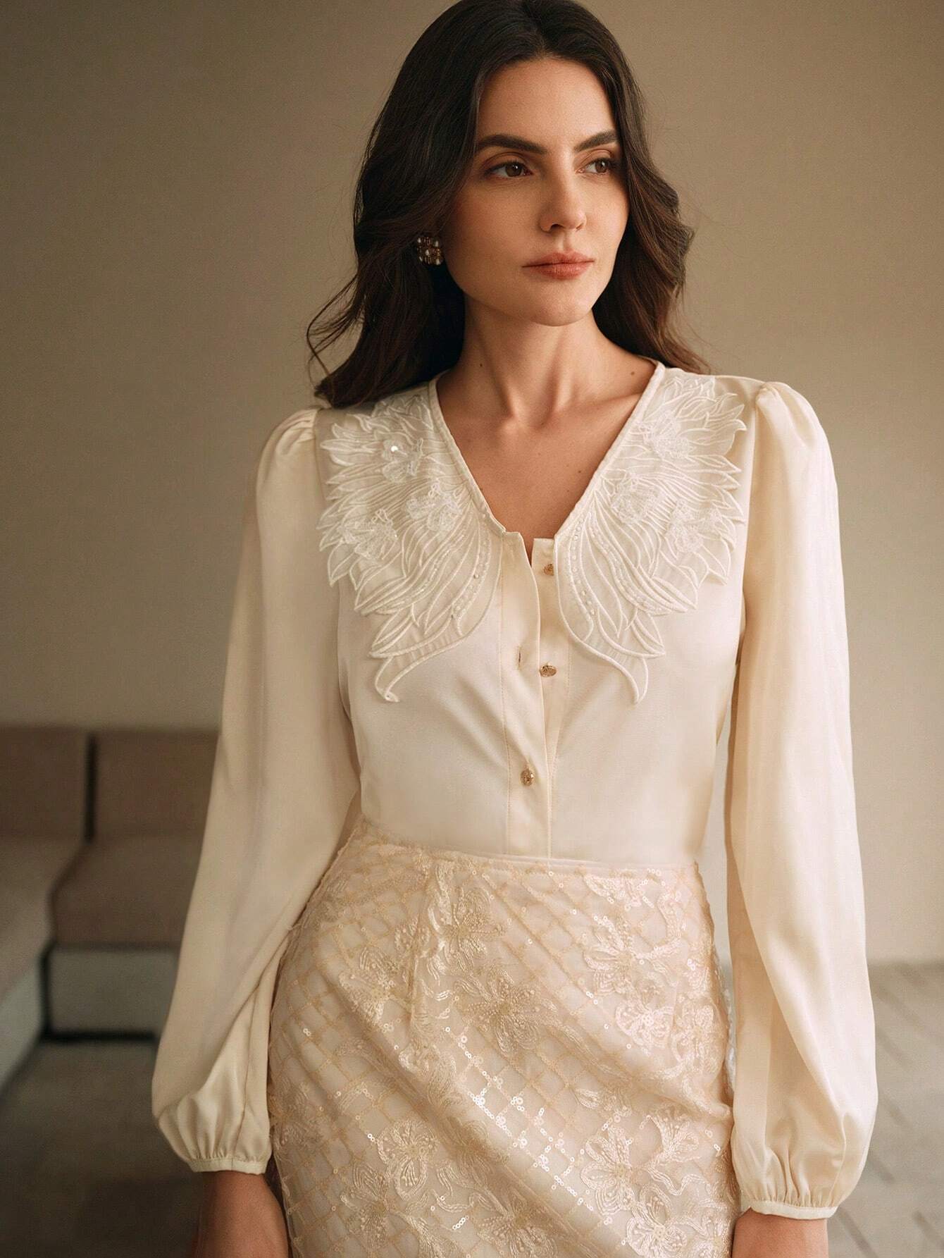 SHEIN Anewsta Embroidered V-Neck Blouse