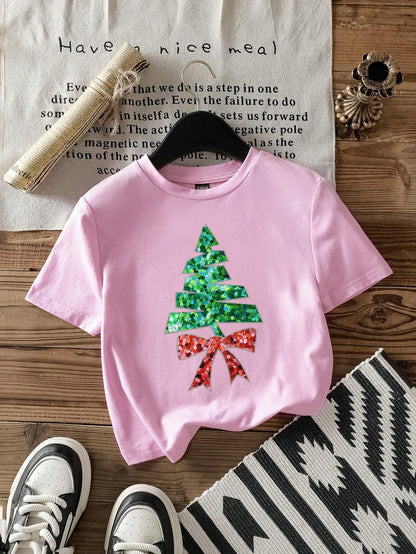 SHEIN LUNE Pink Sequin Christmas Tree Crop Tee