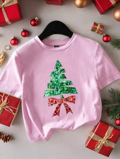 SHEIN LUNE Pink Sequin Christmas Tree Crop Tee