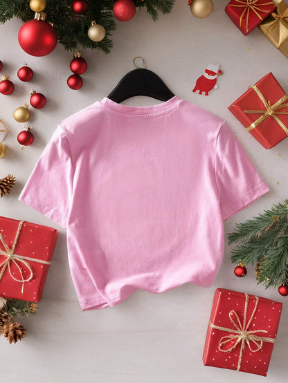 SHEIN LUNE Pink Sequin Christmas Tree Crop Tee