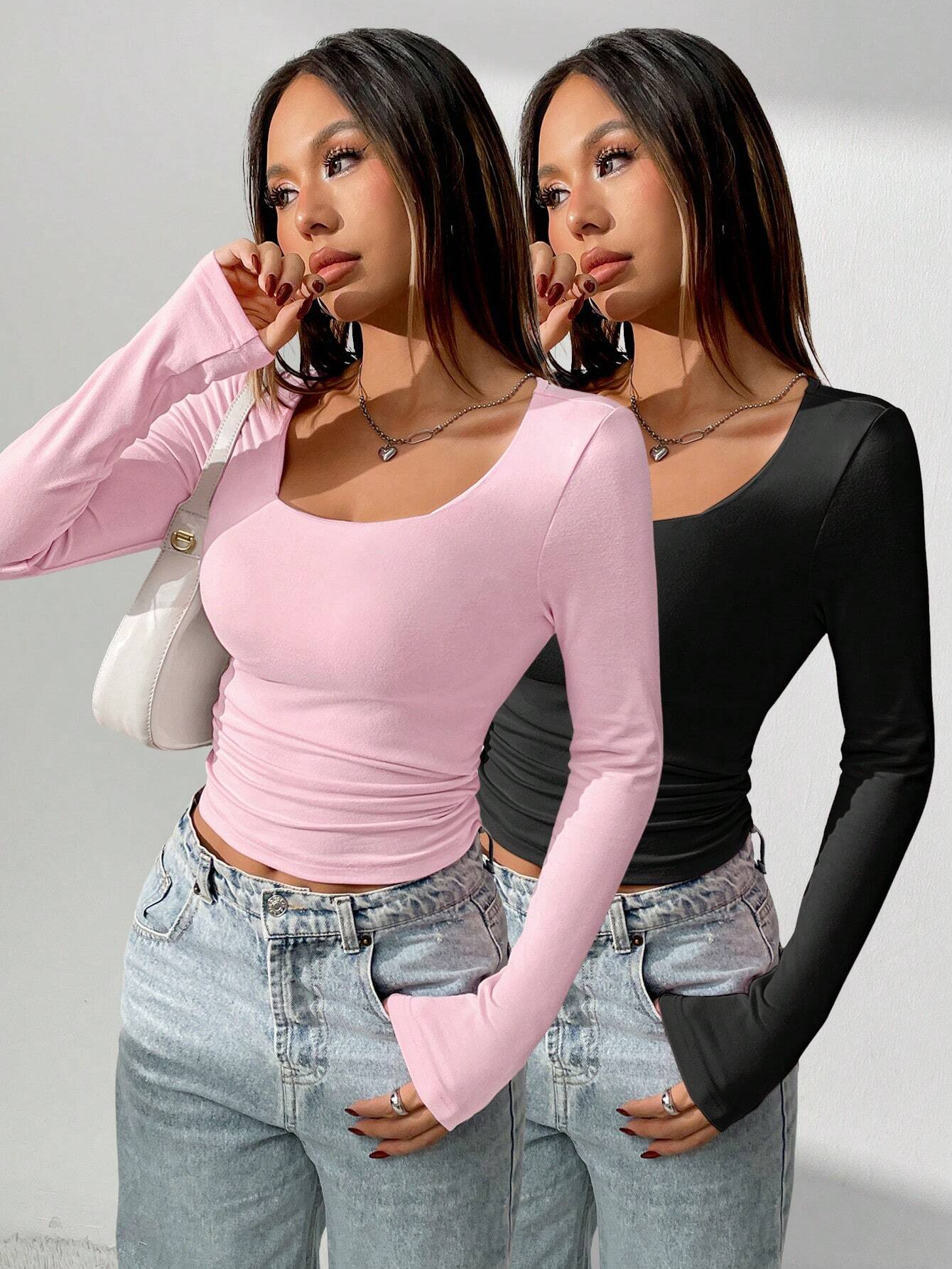 Shein INAWLY Ruched Fitted T-Shirt pink only one