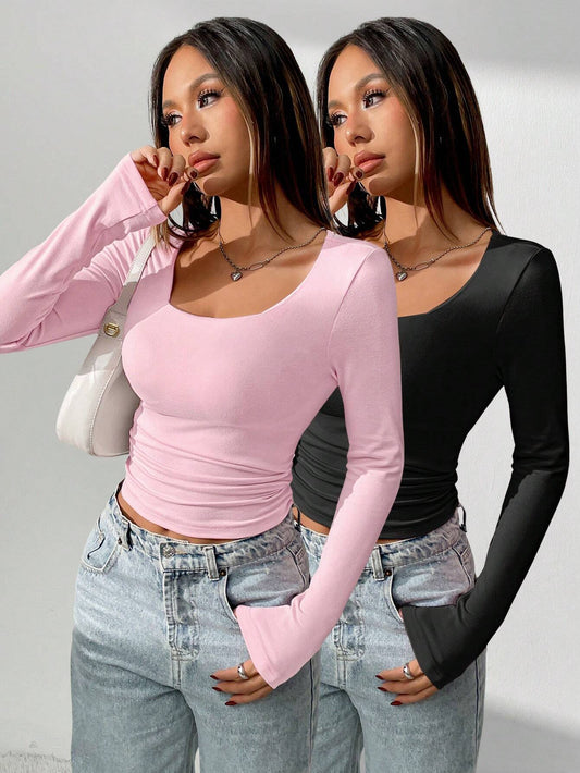 Shein INAWLY Ruched Fitted T-Shirt pink only one