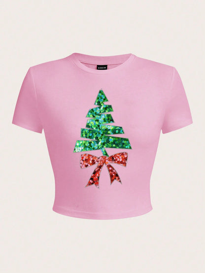 SHEIN LUNE Pink Sequin Christmas Tree Crop Tee
