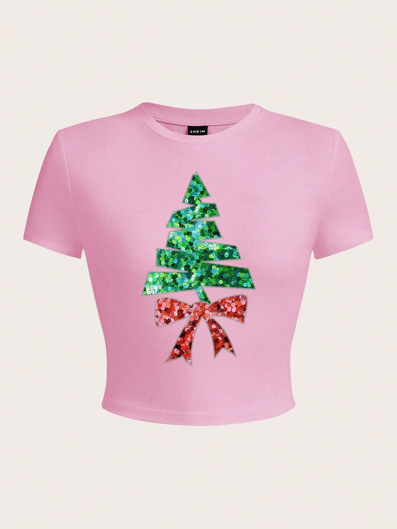 SHEIN LUNE Pink Sequin Christmas Tree Tee