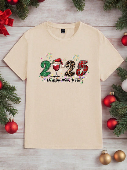SHEIN Casual 2025 Happy New Year Beige Tee
