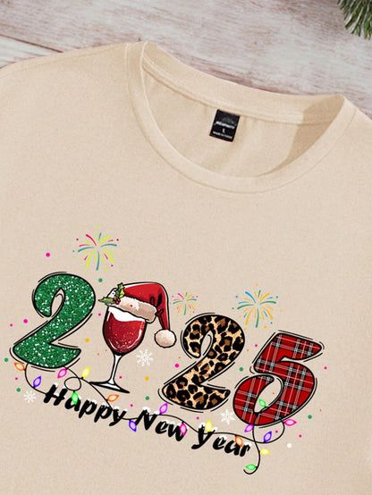 SHEIN Casual 2025 Happy New Year Beige Tee
