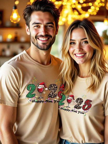 SHEIN Casual 2025 Happy New Year Beige Tee