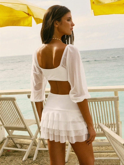 SHEIN MOD Romantic Mesh Sleeve Ruffle Bikini Set