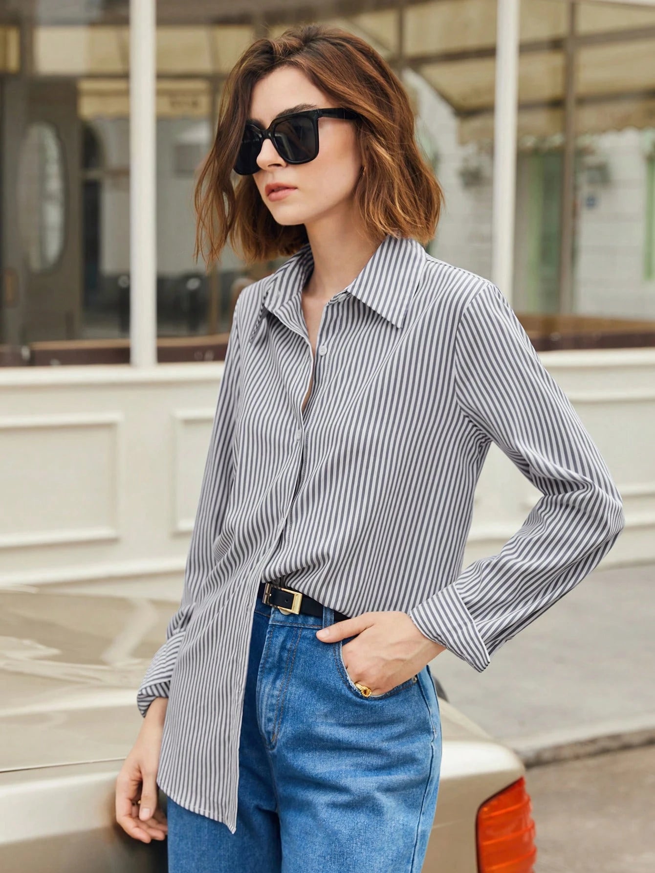 Shein BizChic Grey Cotton Blouse – Open Front