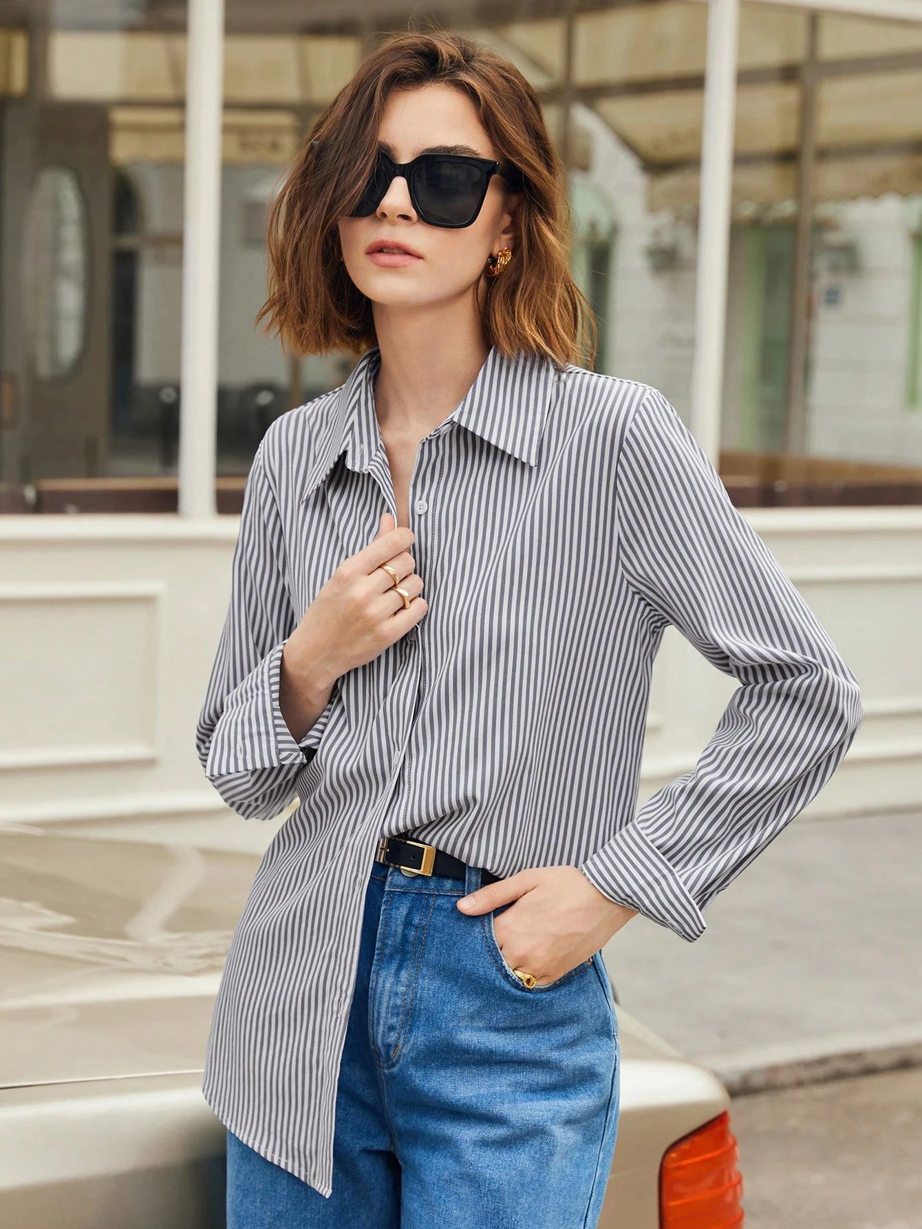 Shein BizChic Grey Cotton Blouse – Open Front