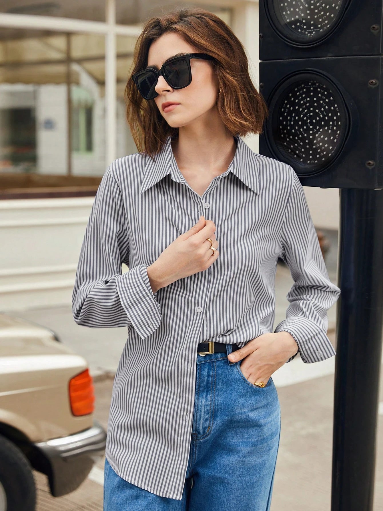 Shein BizChic Grey Cotton Blouse – Open Front