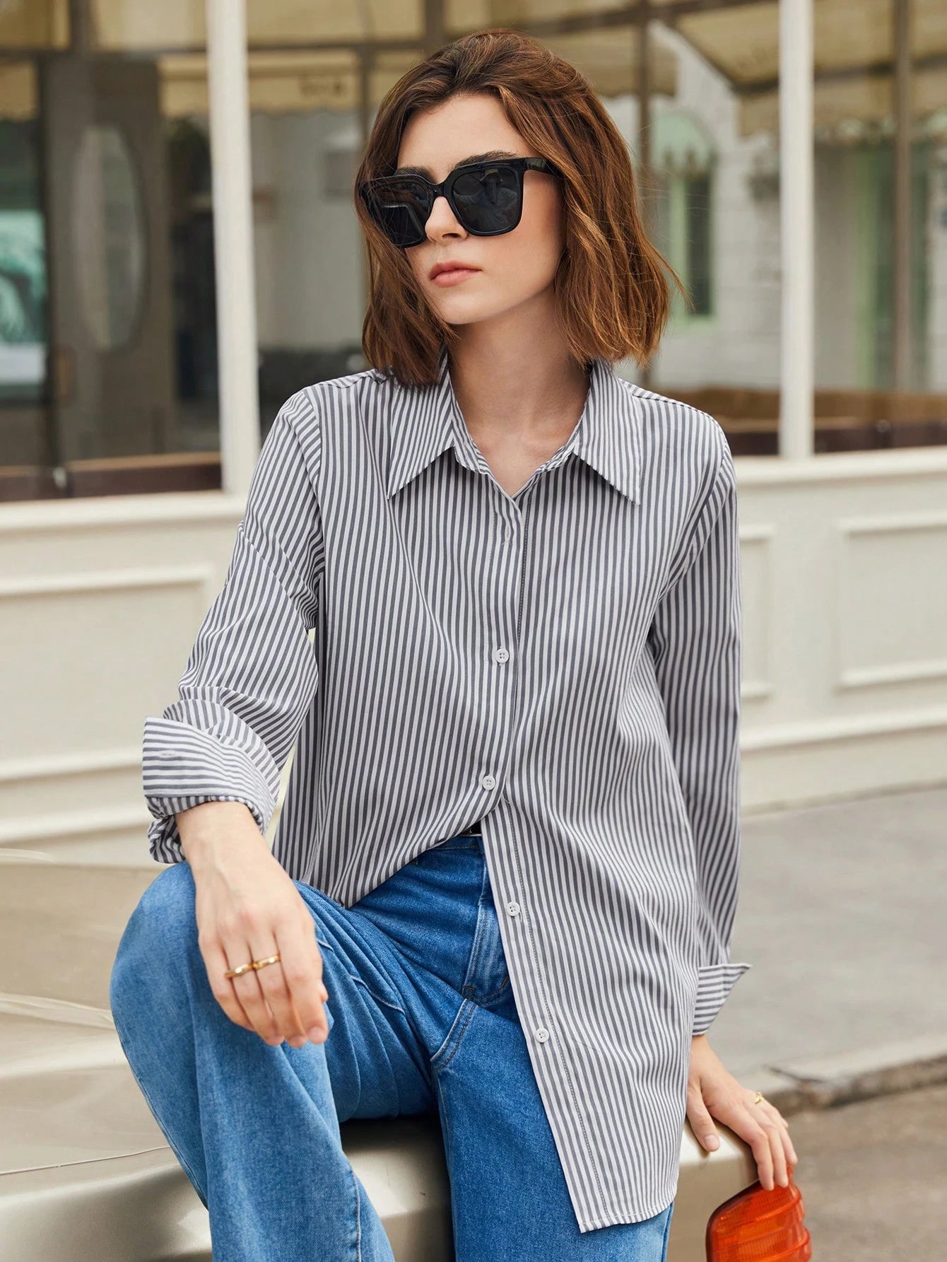 Shein BizChic Grey Cotton Blouse – Open Front